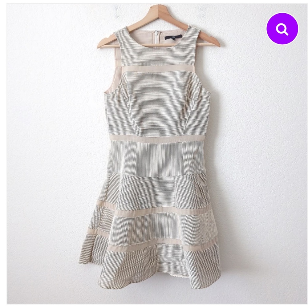 Tibi Grey and White Striped Fit and Flare Mini Dress